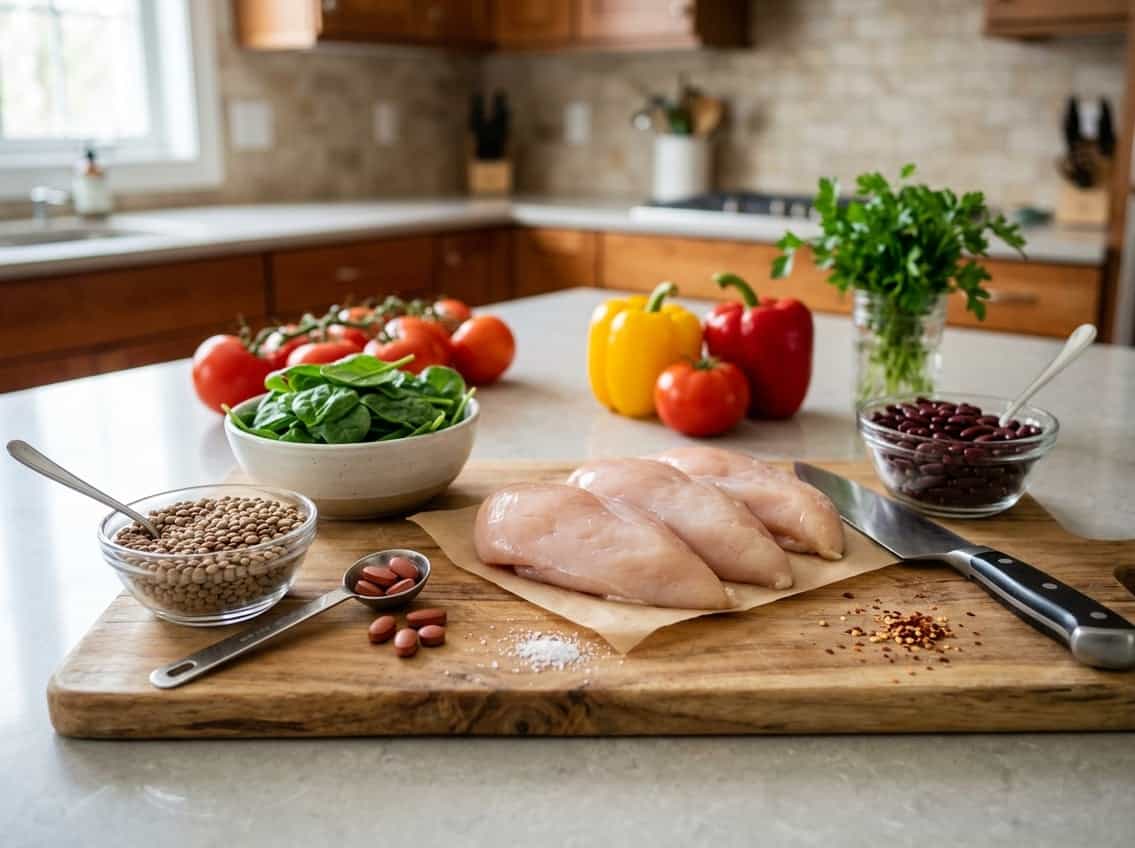 A kitchen scene with raw chicken breasts on a cutting board surrounded by bowls of spinach, lentils, and beans, along with fresh vegetables.