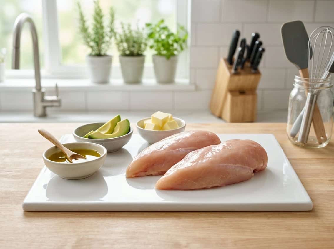 Close-up of raw chicken breasts on a cutting board with small bowls of fats like olive oil and butter nearby in a kitchen setting.