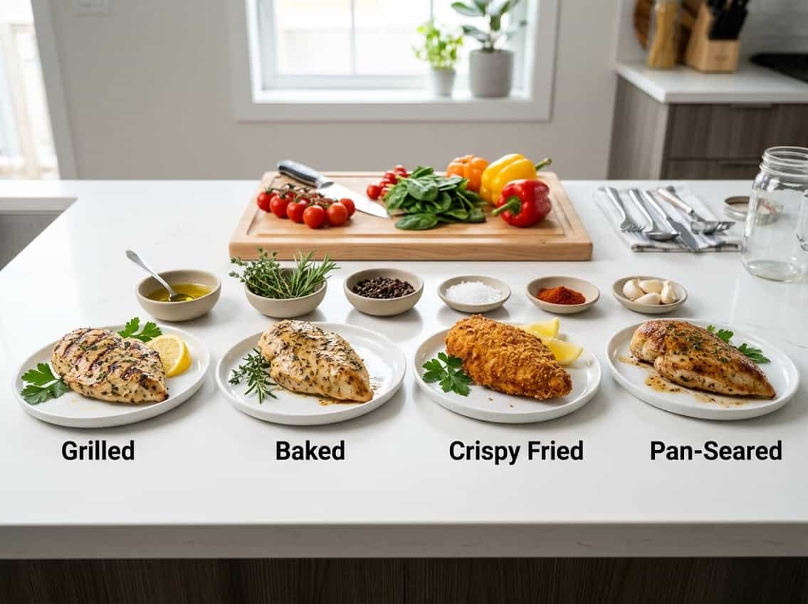 Several cooked chicken breast portions prepared using different cooking methods displayed on plates on a kitchen countertop with fresh ingredients nearby.
