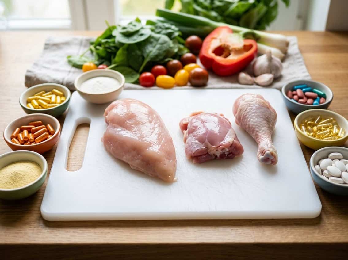 Close-up of raw chicken breast on a cutting board with small bowls of vitamins and minerals nearby, alongside chicken thigh and drumstick pieces, surrounded by fresh vegetables.