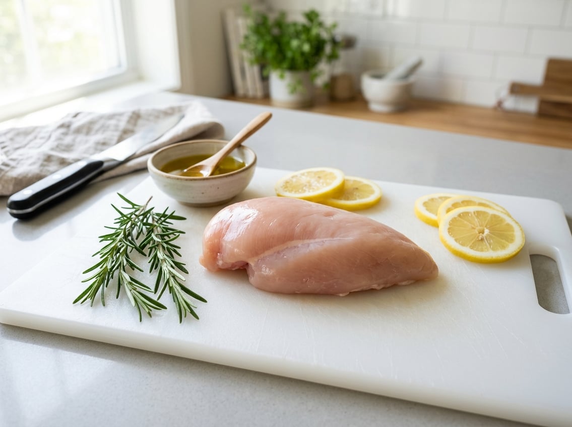 A raw chicken breast on a white cutting board with rosemary, lemon slices, and olive oil in a bright kitchen.