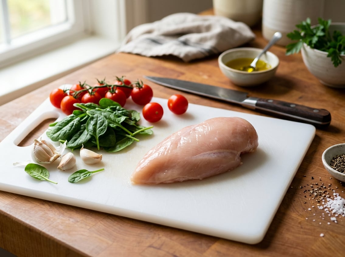 A fresh raw chicken breast on a white cutting board surrounded by fresh vegetables in a bright kitchen.