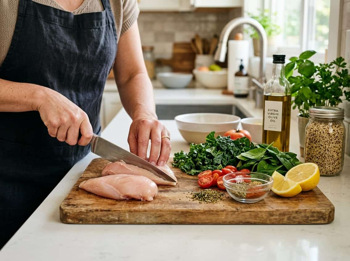 Hands preparing raw chicken breasts with fresh vegetables on a cutting board in a bright kitchen.