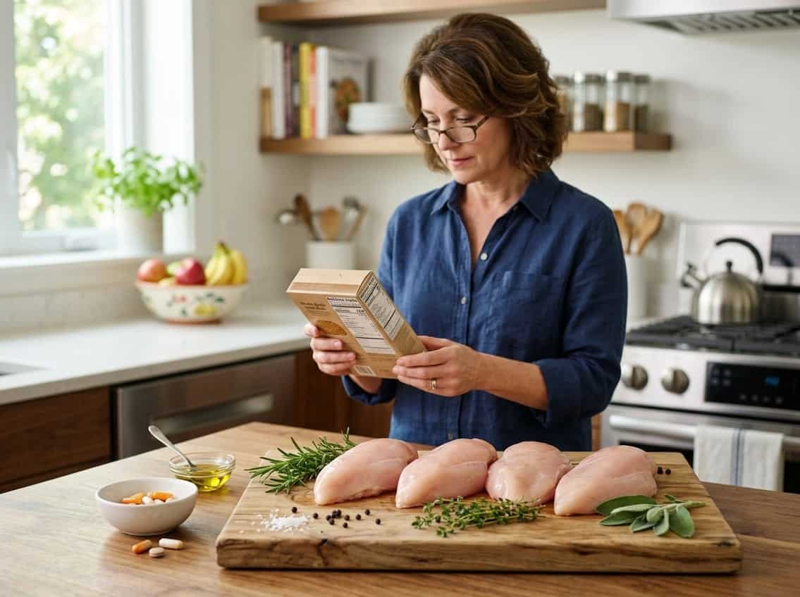 A kitchen scene with raw chicken breasts on a cutting board, fresh herbs nearby, and a person reading a nutrition label.