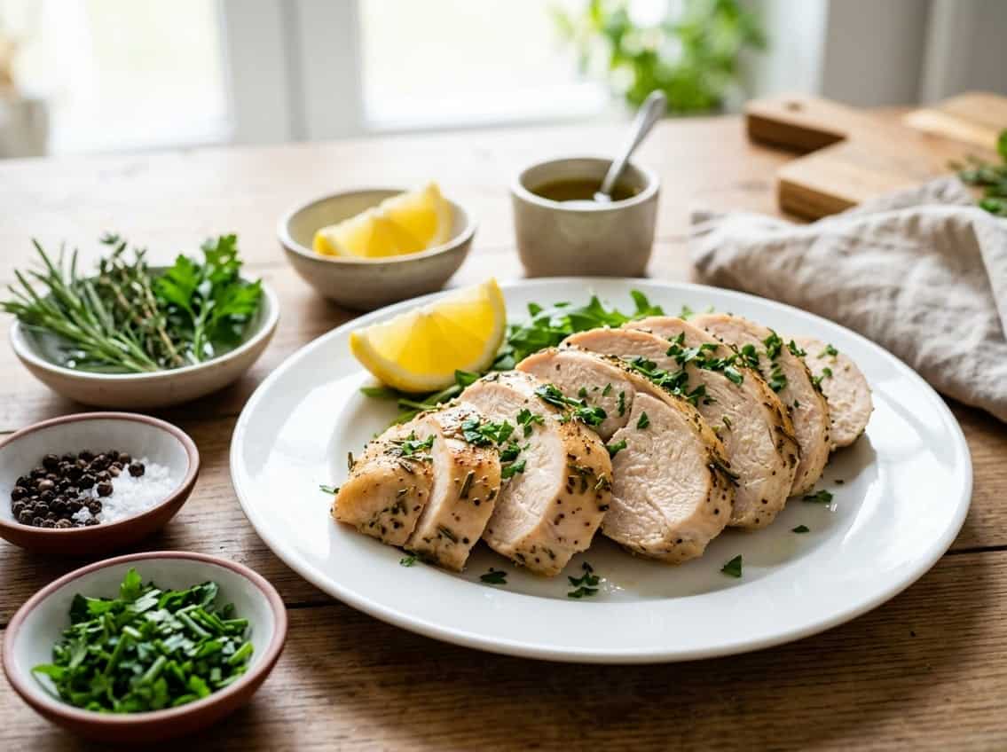 A sliced cooked chicken breast on a white plate with herbs and a lemon wedge on the side.