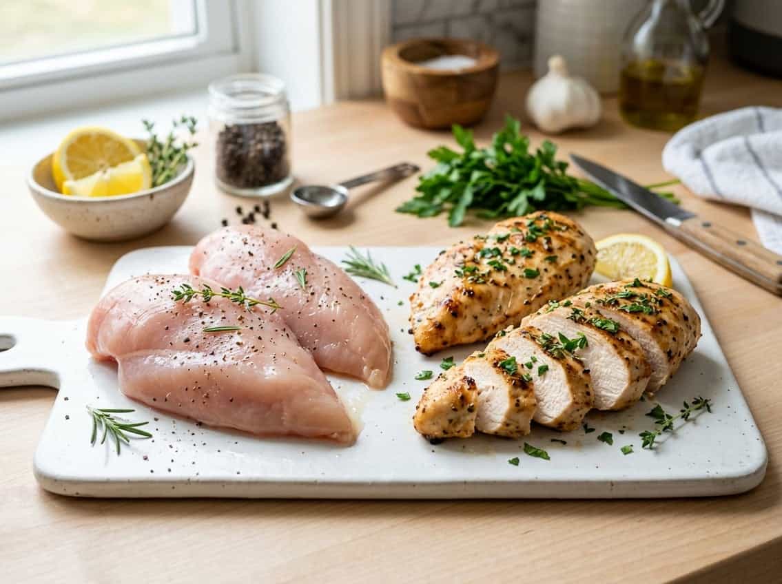 Close-up of raw and cooked chicken breasts on a cutting board with herbs and lemon slices in a kitchen setting.