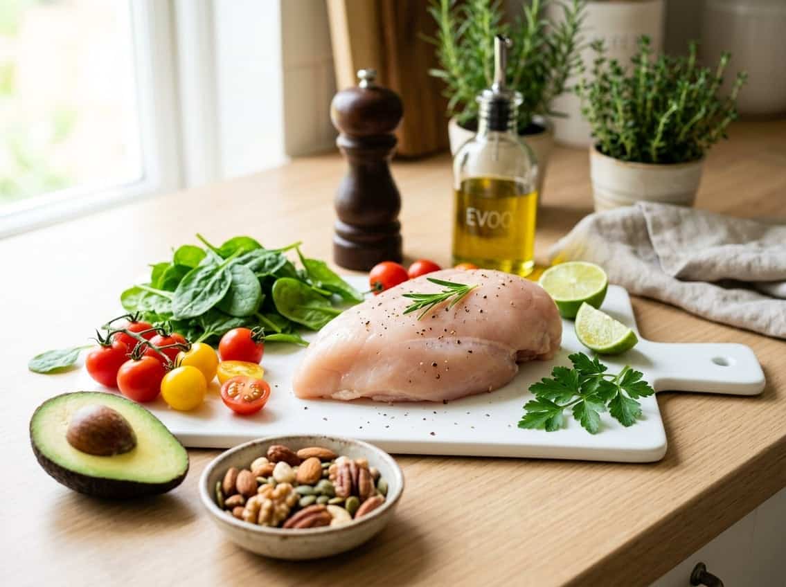 A fresh raw chicken breast on a white cutting board surrounded by spinach, cherry tomatoes, avocado slices, and a bowl of mixed nuts on a kitchen counter.