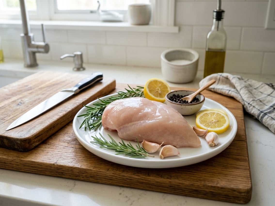 A raw chicken breast on a white plate with fresh herbs, garlic, and lemon slices on a kitchen counter.