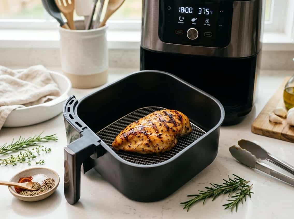 A cooked chicken breast in an air fryer basket on a kitchen countertop with fresh herbs and cooking utensils nearby.