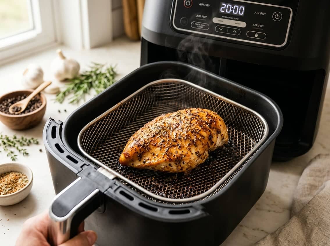 A juicy, golden-brown chicken breast inside an open air fryer basket with fresh herbs and seasoning on a kitchen countertop.