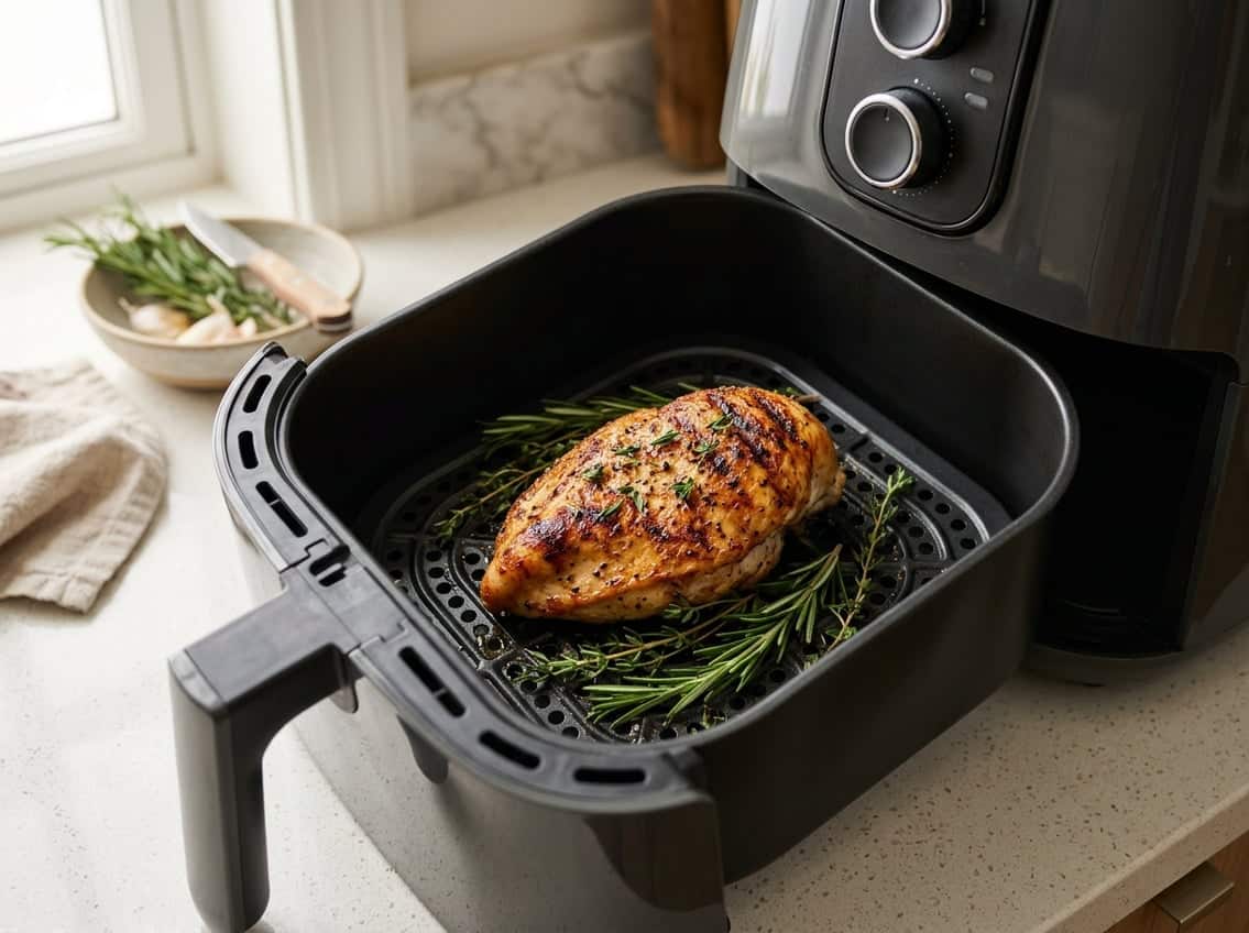A cooked chicken breast inside an open air fryer basket with fresh herbs on a kitchen countertop.