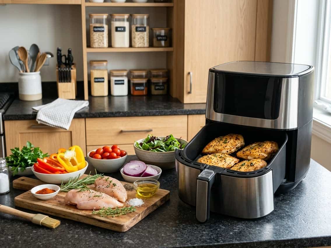 A kitchen countertop with an air fryer containing cooked chicken breasts, surrounded by fresh ingredients and kitchen storage containers.