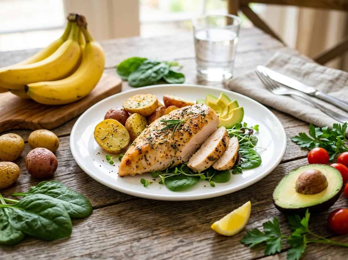 A cooked chicken breast on a white plate surrounded by potassium-rich foods like bananas, potatoes, spinach, and avocados on a wooden table.