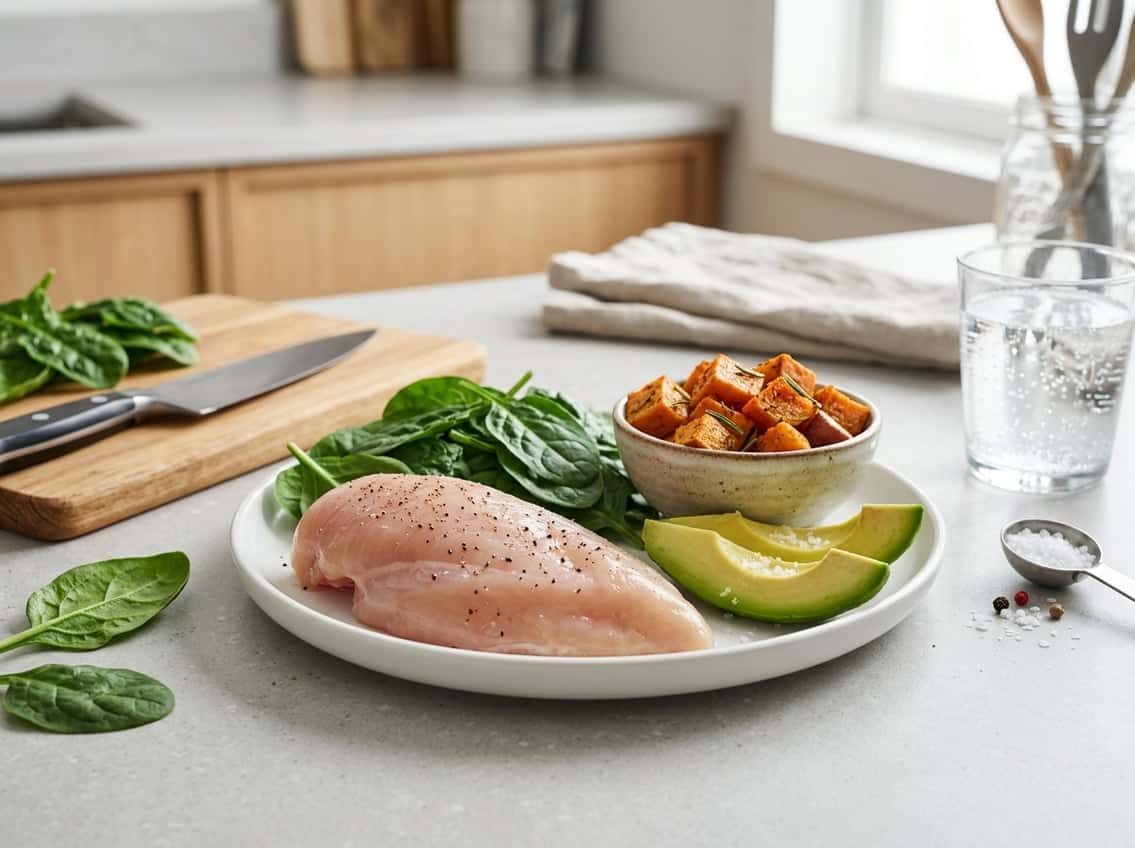 A raw chicken breast on a white plate surrounded by potassium-rich vegetables like spinach, avocado, and sweet potatoes on a kitchen countertop.