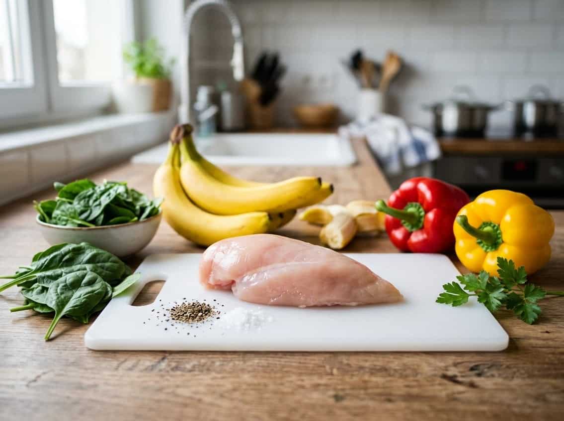 A raw chicken breast on a cutting board surrounded by fresh vegetables including bananas, spinach, and bell peppers.