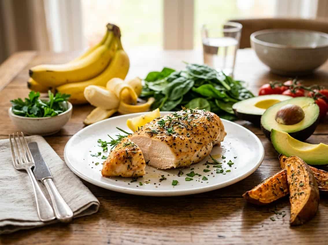 A plate with cooked chicken breast surrounded by potassium-rich foods like bananas, spinach, avocado, and sweet potatoes on a wooden table.