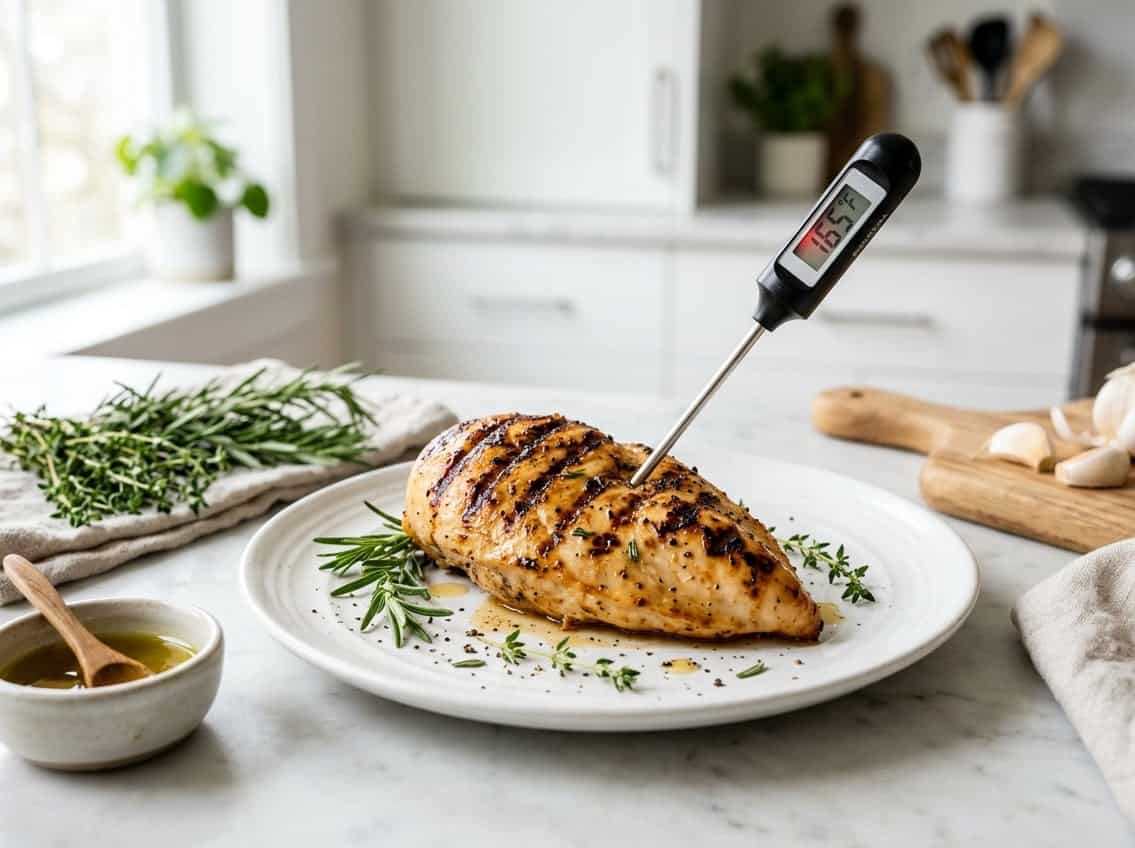 A cooked chicken breast on a plate with herbs and a meat thermometer in a kitchen setting.