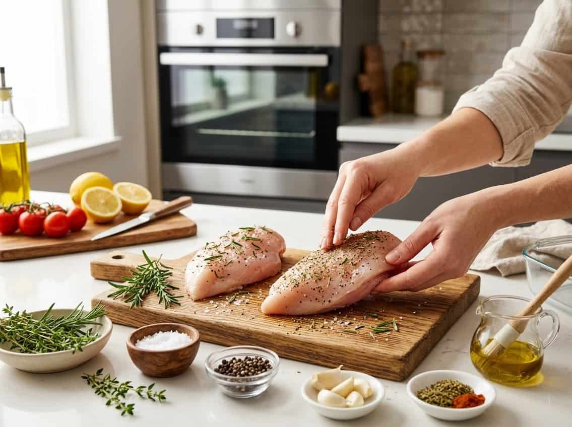 Hands seasoning raw chicken breasts with herbs and spices on a kitchen countertop with fresh ingredients and a modern oven in the background.