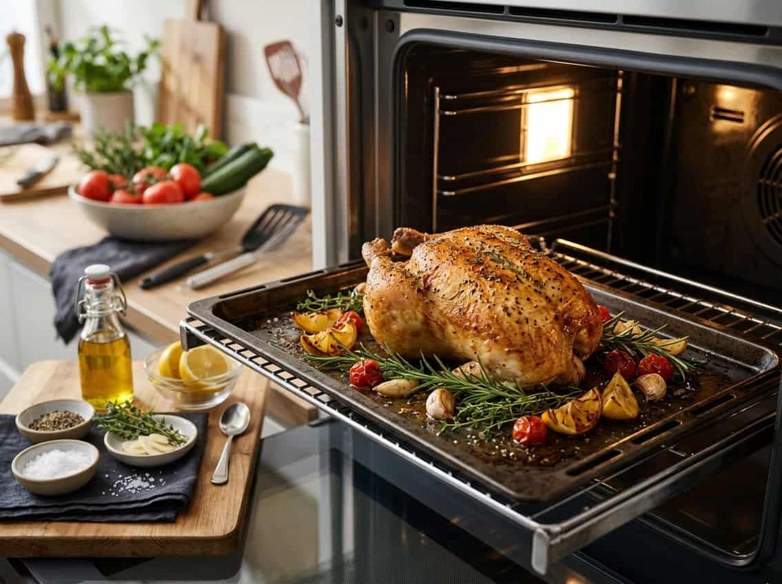A cooked chicken breast on a baking tray inside an oven with herbs and seasoning ingredients nearby.