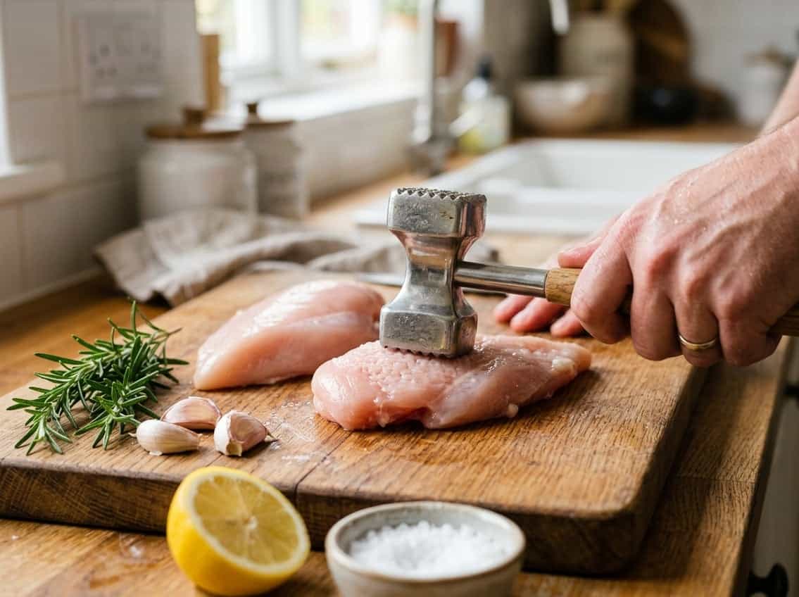 Close-up of raw chicken breasts being tenderized on a cutting board with fresh herbs and garlic nearby.
