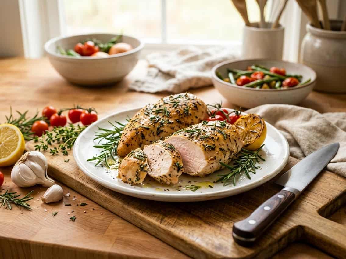 A sliced chicken breast on a white plate garnished with herbs, surrounded by cooking tools and fresh ingredients on a kitchen counter.
