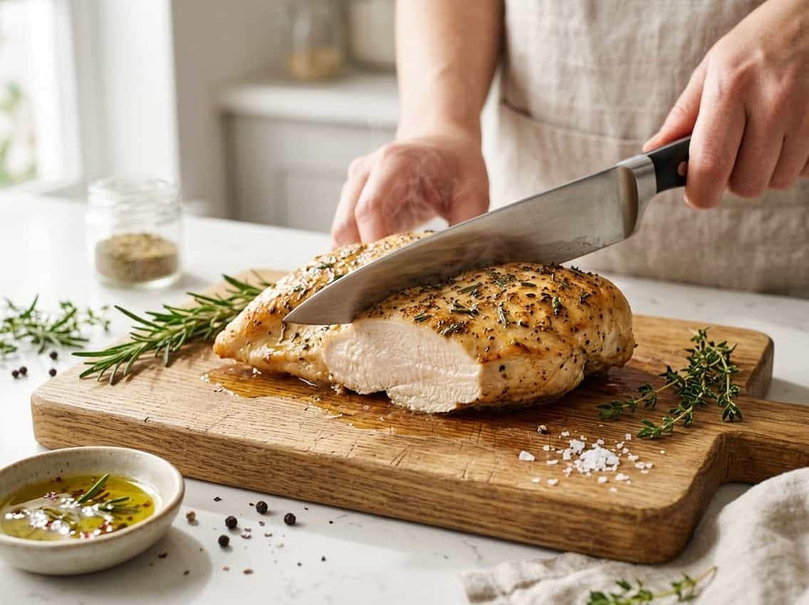 A sliced cooked chicken breast on a wooden cutting board with fresh herbs and a knife nearby.