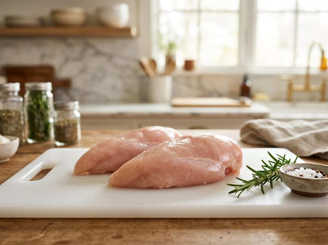 Fresh raw chicken breasts on a white cutting board with a sprig of rosemary and sea salt in a bright kitchen setting.
