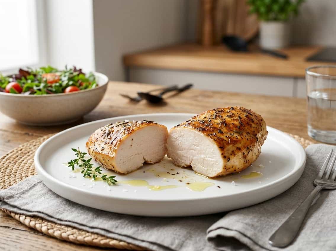 A cooked chicken breast sliced to show the white interior and golden-brown exterior on a white plate.
