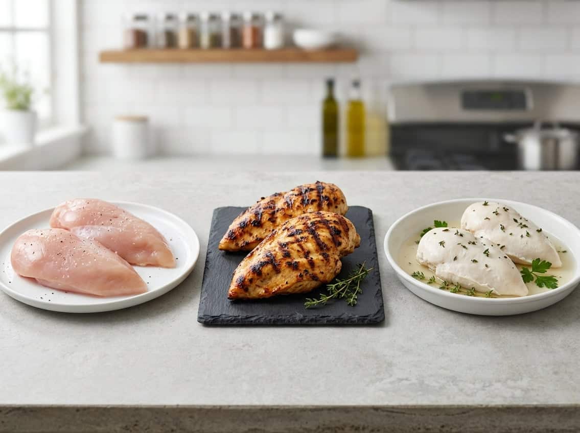 Three chicken breasts displayed side by side showing raw, grilled, and poached cooking methods on a clean kitchen surface.