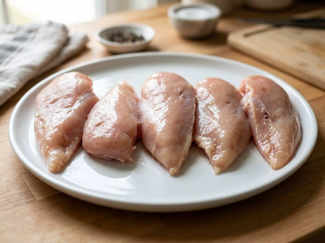 Raw chicken breasts arranged on a white plate showing variations in texture and color.