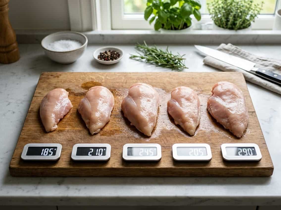 Several raw chicken breasts of varying sizes on a cutting board with kitchen scales showing different weights in a kitchen setting.