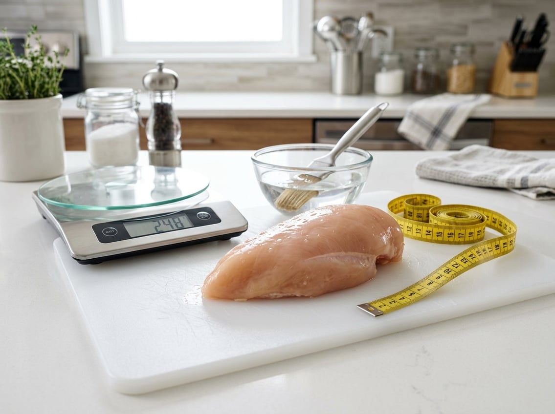 A raw chicken breast on a cutting board with a digital kitchen scale and measuring tape nearby in a modern kitchen setting.