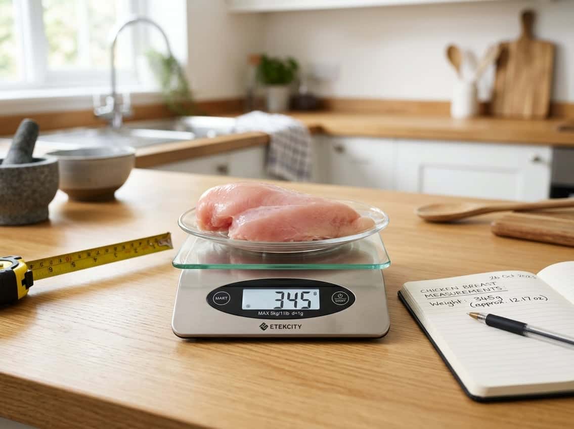A raw chicken breast on a digital kitchen scale on a countertop with measuring tools nearby.