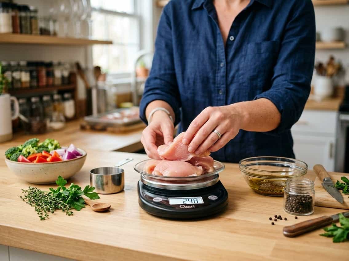 Hands weighing raw chicken breasts on a digital kitchen scale in a kitchen with fresh ingredients on the counter.