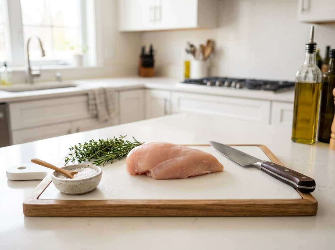 A close-up of a raw chicken breast on a white cutting board with herbs and a knife in a kitchen.