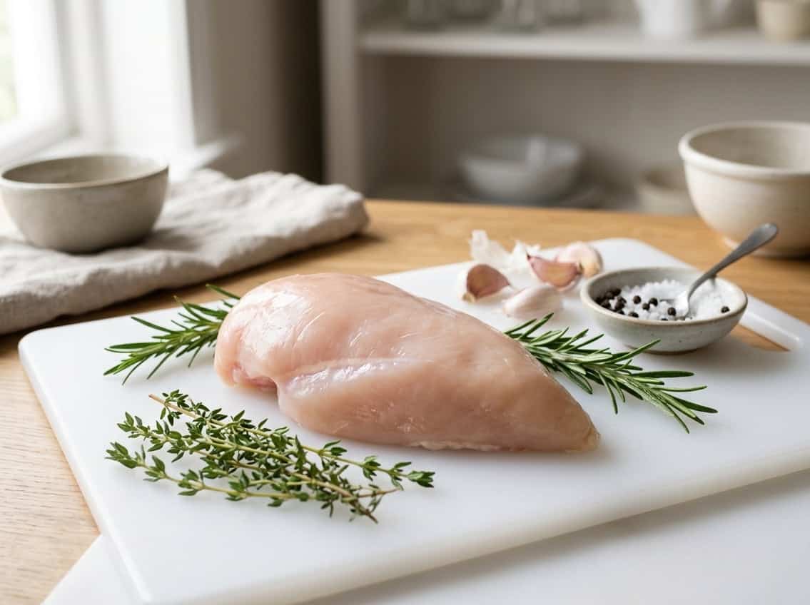 A raw chicken breast on a white cutting board surrounded by herbs and spices in a kitchen setting.