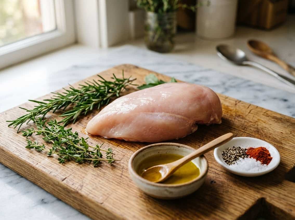 Close-up of a raw chicken breast on a wooden cutting board with fresh herbs and spices nearby.