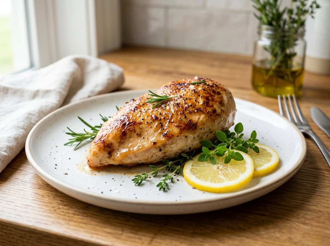 A cooked chicken breast on a white plate garnished with herbs and lemon slices on a kitchen countertop.