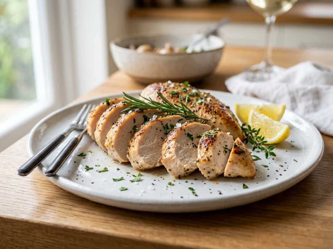 Sliced cooked chicken breast on a white plate with herbs and lemon wedges.