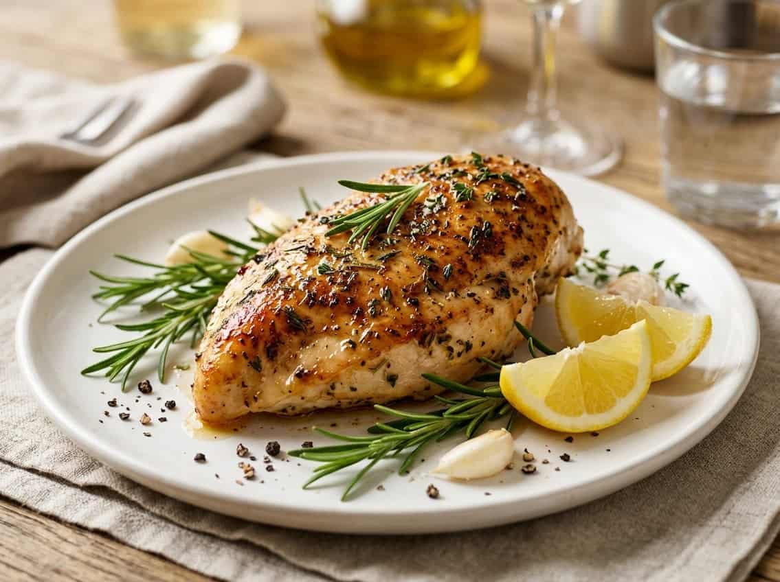 Close-up of a cooked chicken breast on a plate surrounded by fresh herbs, garlic, lemon wedges, and spices.