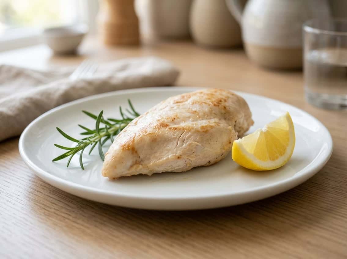 A cooked chicken breast on a white plate with a sprig of rosemary and a lemon wedge.