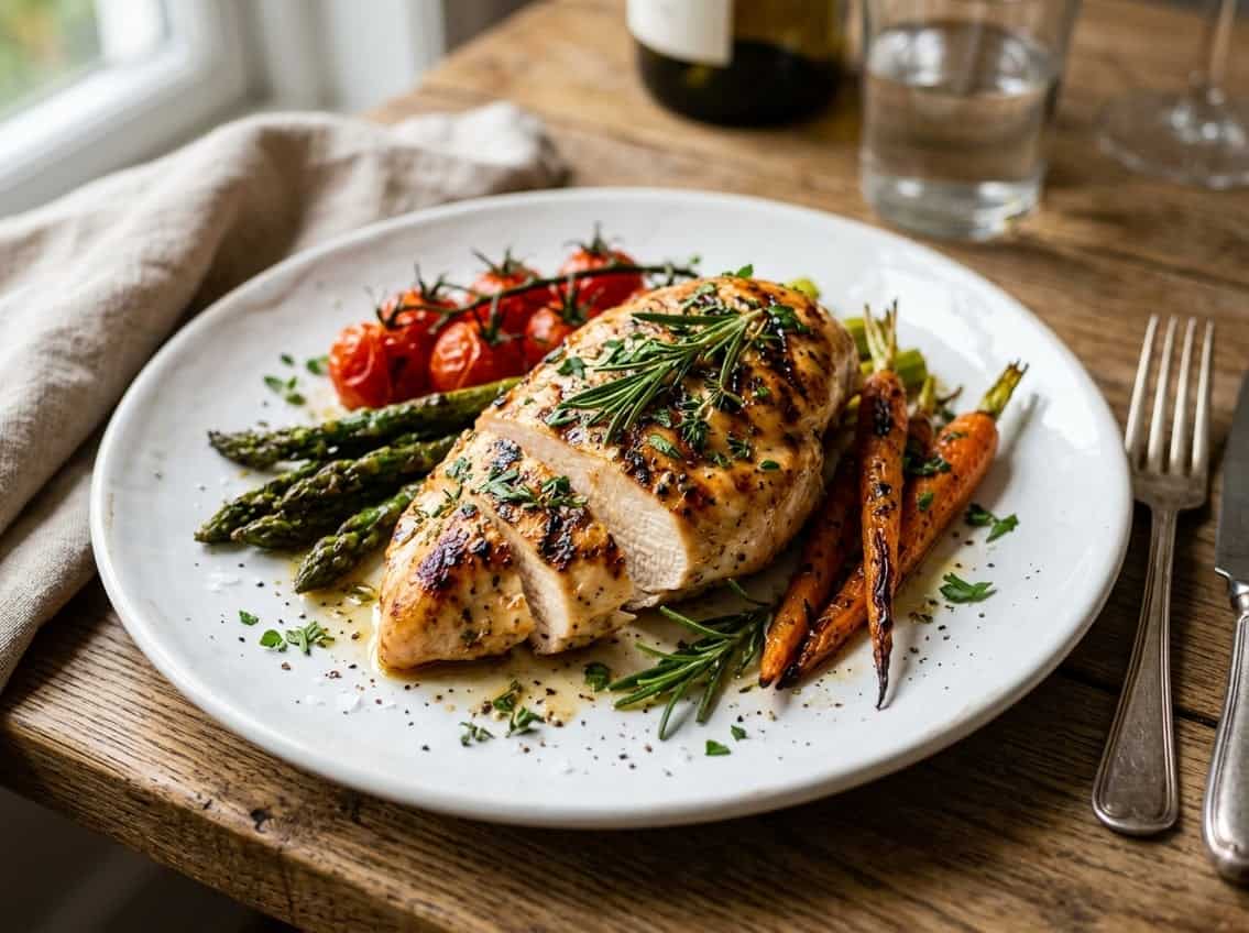 A close-up of a cooked chicken breast garnished with herbs and served with roasted vegetables on a plate.