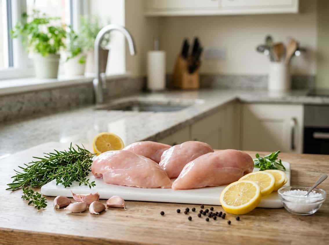 Fresh raw chicken breasts on a cutting board with herbs and lemon slices in a bright kitchen.