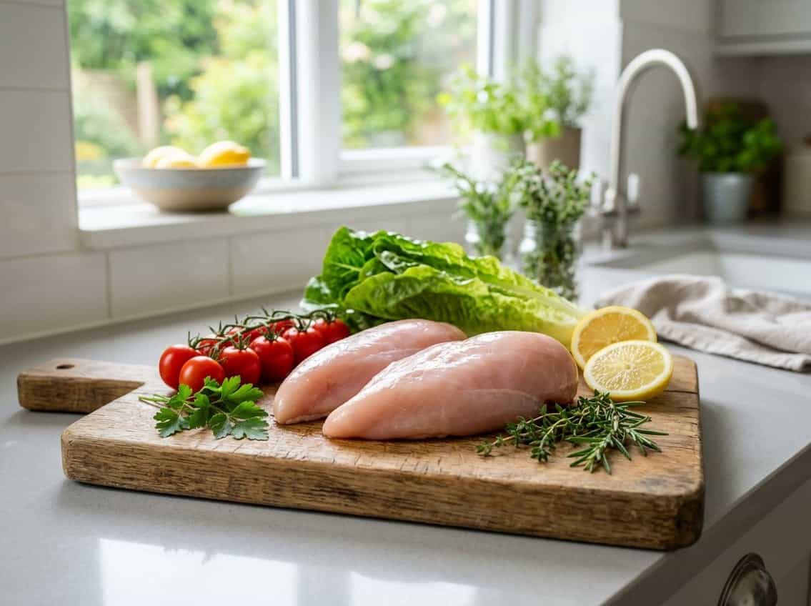 Fresh raw chicken breasts on a wooden cutting board with fresh vegetables in a bright kitchen.