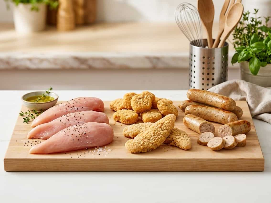 A selection of raw chicken breast and processed chicken products like nuggets, breaded strips, and sausages arranged on a white surface with kitchen items in the background.