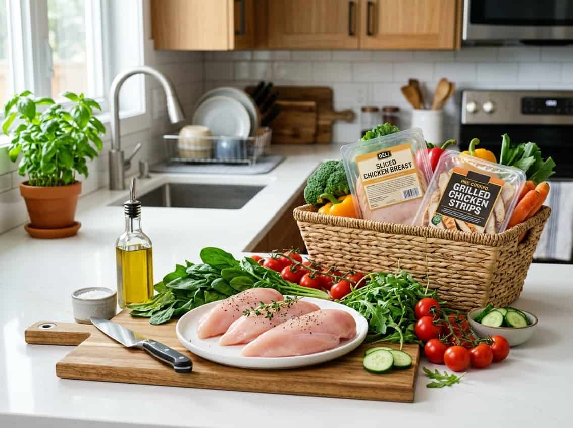 Fresh raw chicken breasts on a plate with fresh vegetables and a shopping basket containing produce and packaged meat in a kitchen setting.