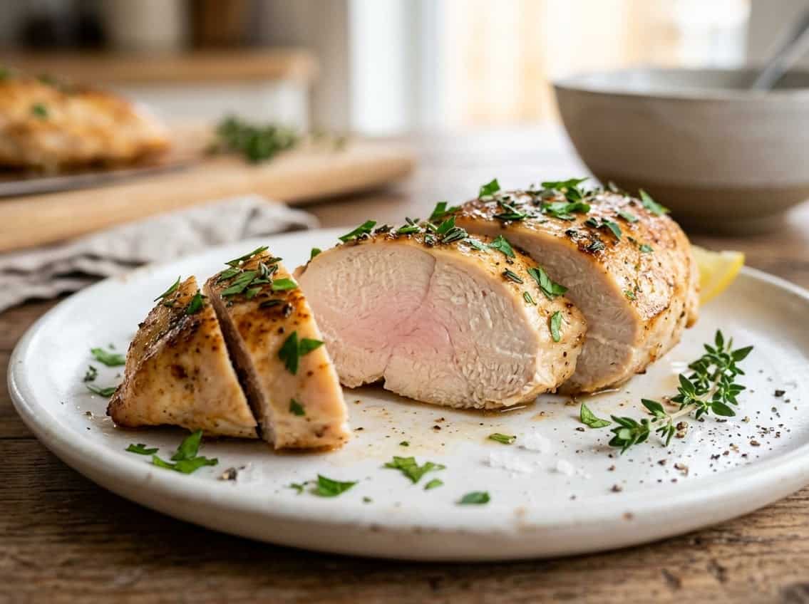 Close-up of a sliced cooked chicken breast showing a slightly pink center, garnished with fresh herbs on a white plate.