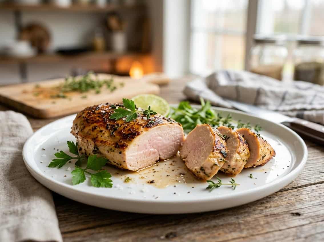 Close-up of a sliced cooked chicken breast on a plate showing a slightly pink interior with herbs on the side.