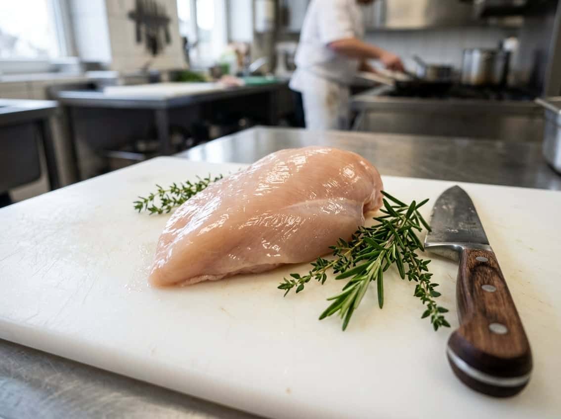 Close-up of a raw chicken breast with a pink color on a white cutting board, surrounded by fresh herbs and a kitchen knife.