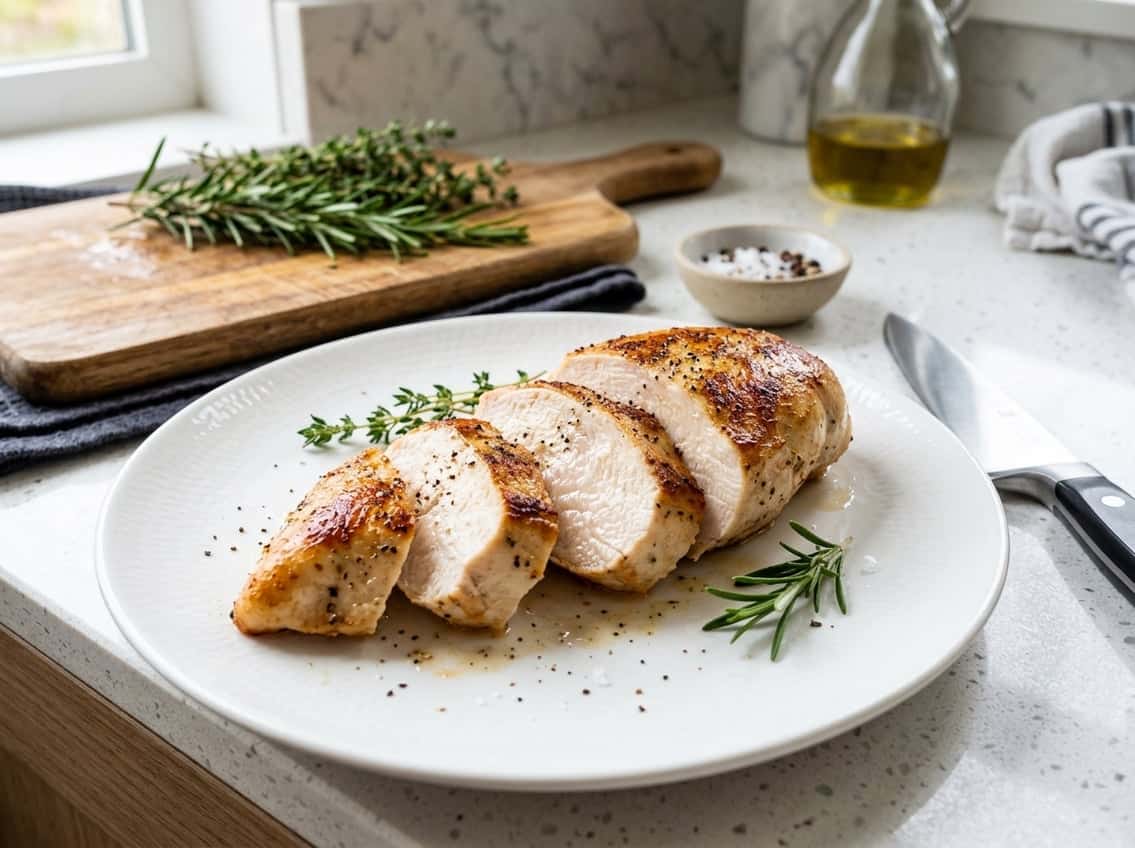 A sliced cooked chicken breast on a plate with fresh herbs and a knife on a kitchen countertop.